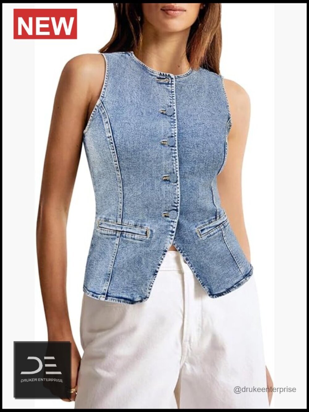 Sleeveless Button Down Denim Vest Fitted Jean Tank Top Casual Waistcoat